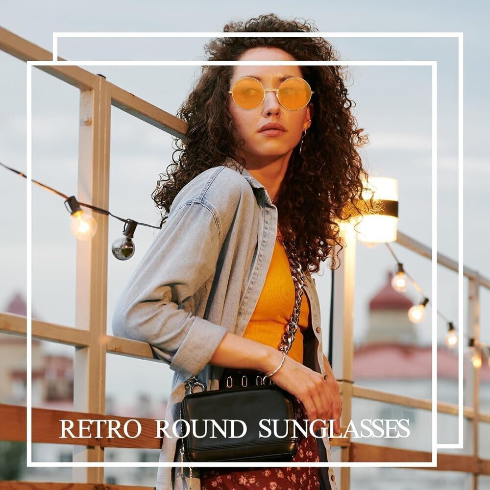 Chrorine Women's Gold Frame Orange Lens Hippie Round 70s Retro Sun Glasses - Picture 5 of 6